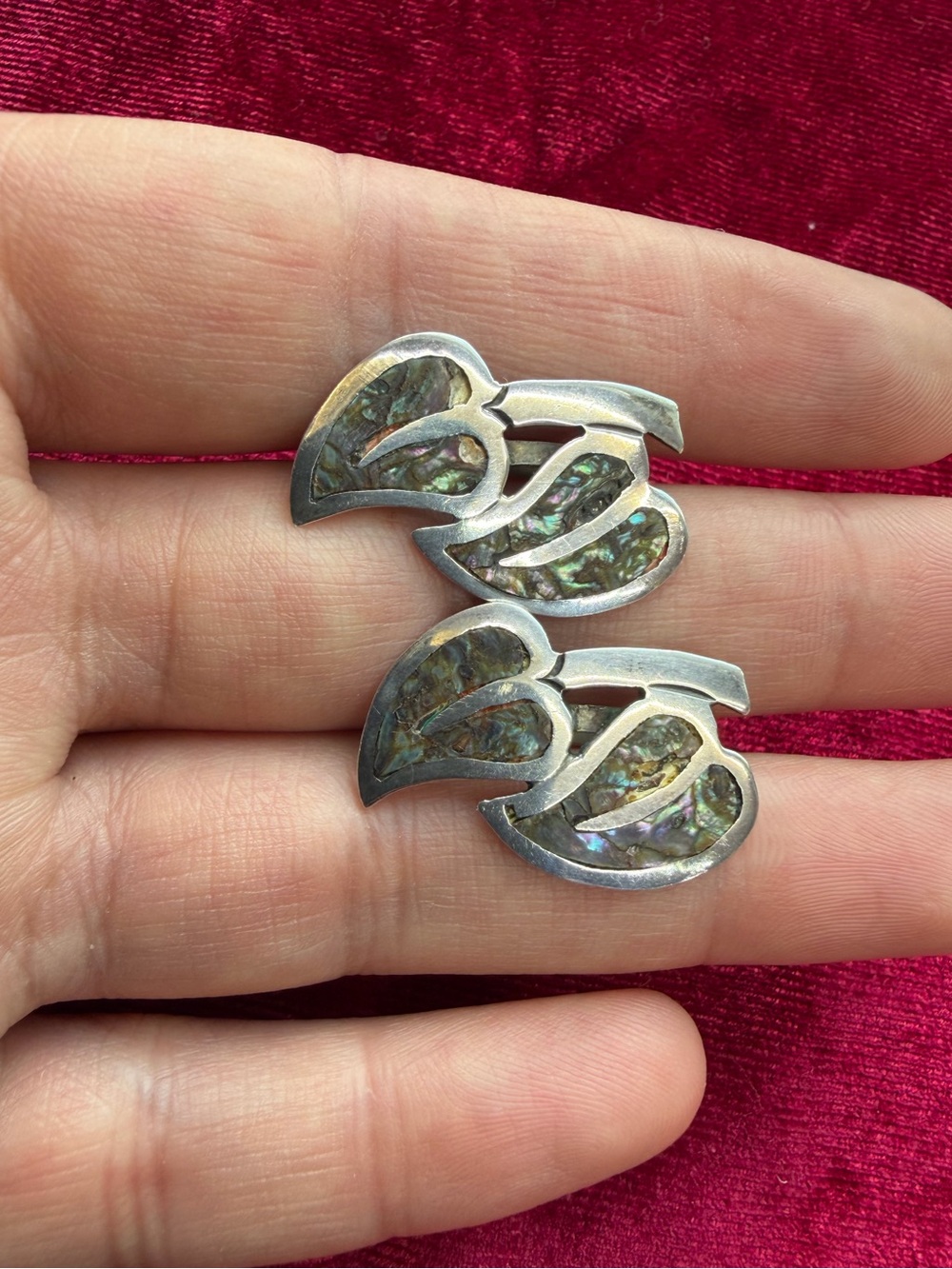 Vintage Mexico Abalone & Sterling Silver Leaf Screw-Back Earrings